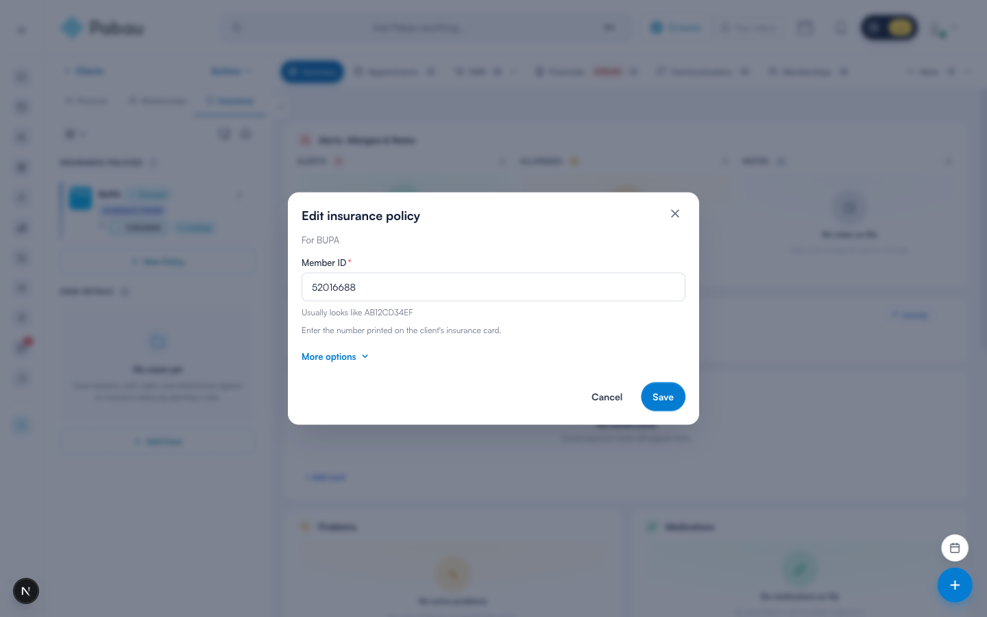 Recording the membership number for a BUPA policy