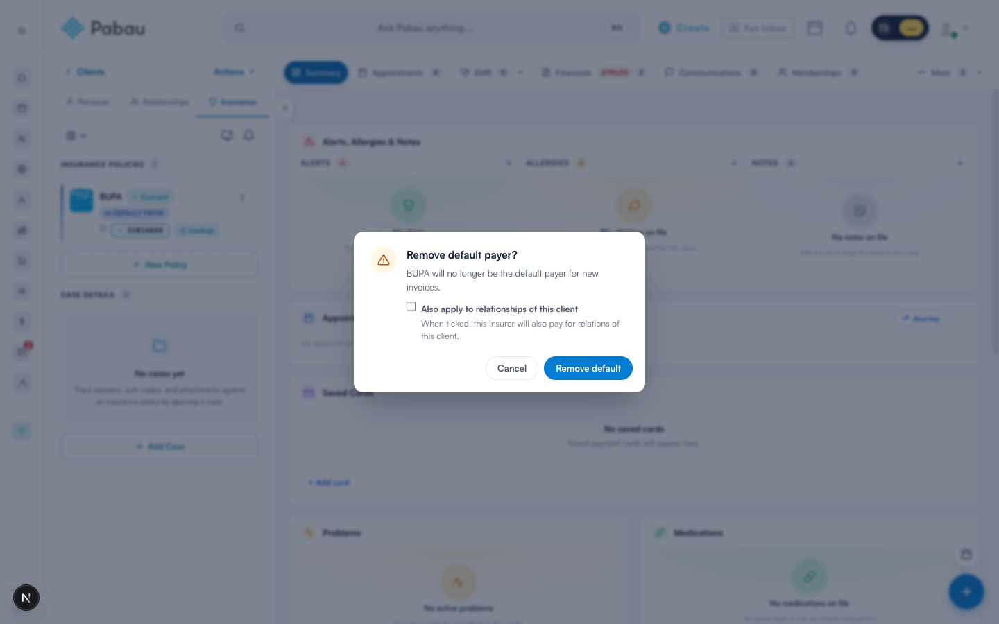 Confirming a change to the default payer