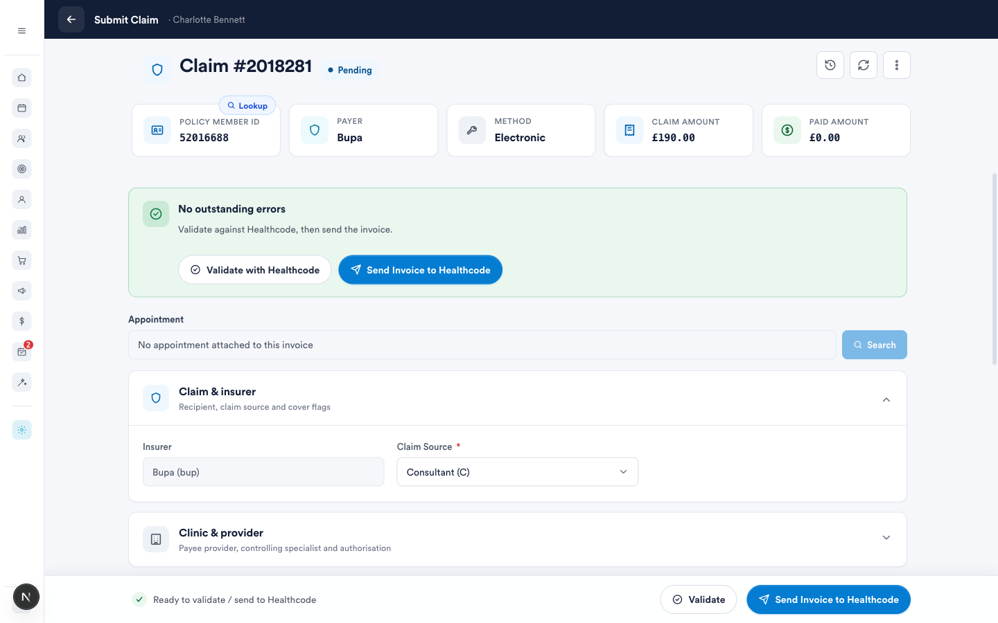 The Submit Claim screen: no outstanding errors, ready to validate and send