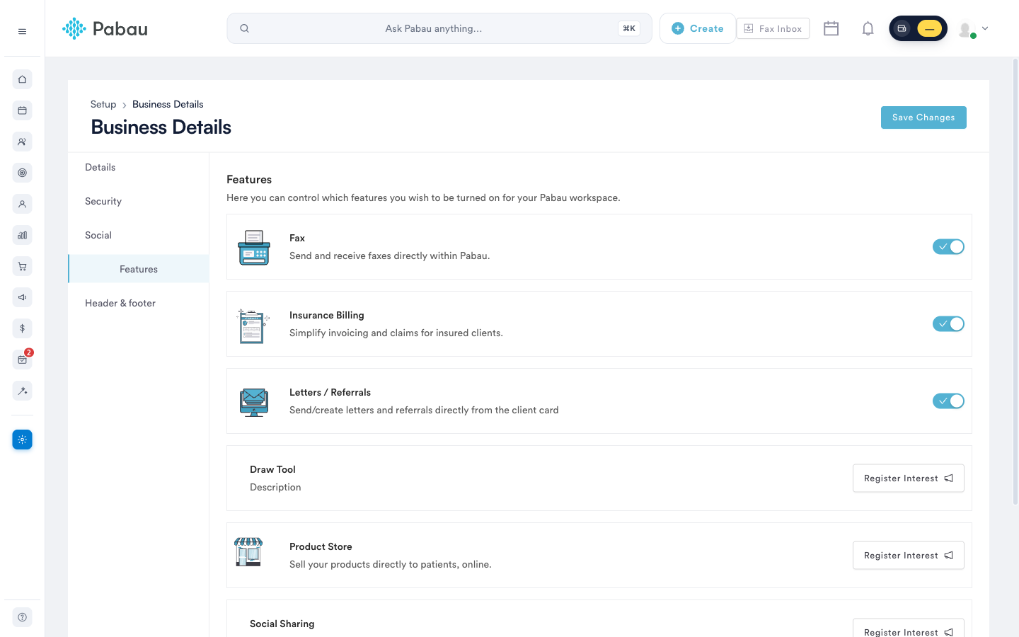 The Insurance Billing feature toggle in Business Details → Features