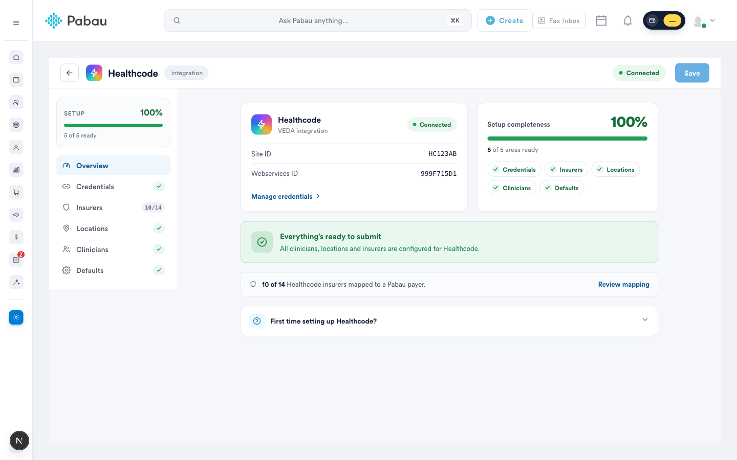 The Healthcode setup overview showing a fully configured account