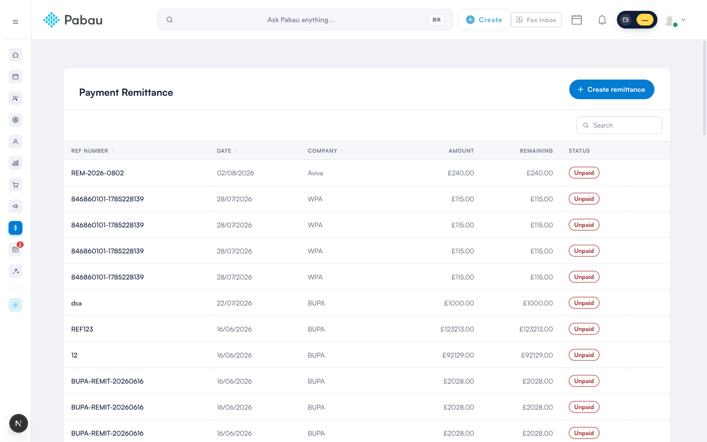 The Payment Remittance list