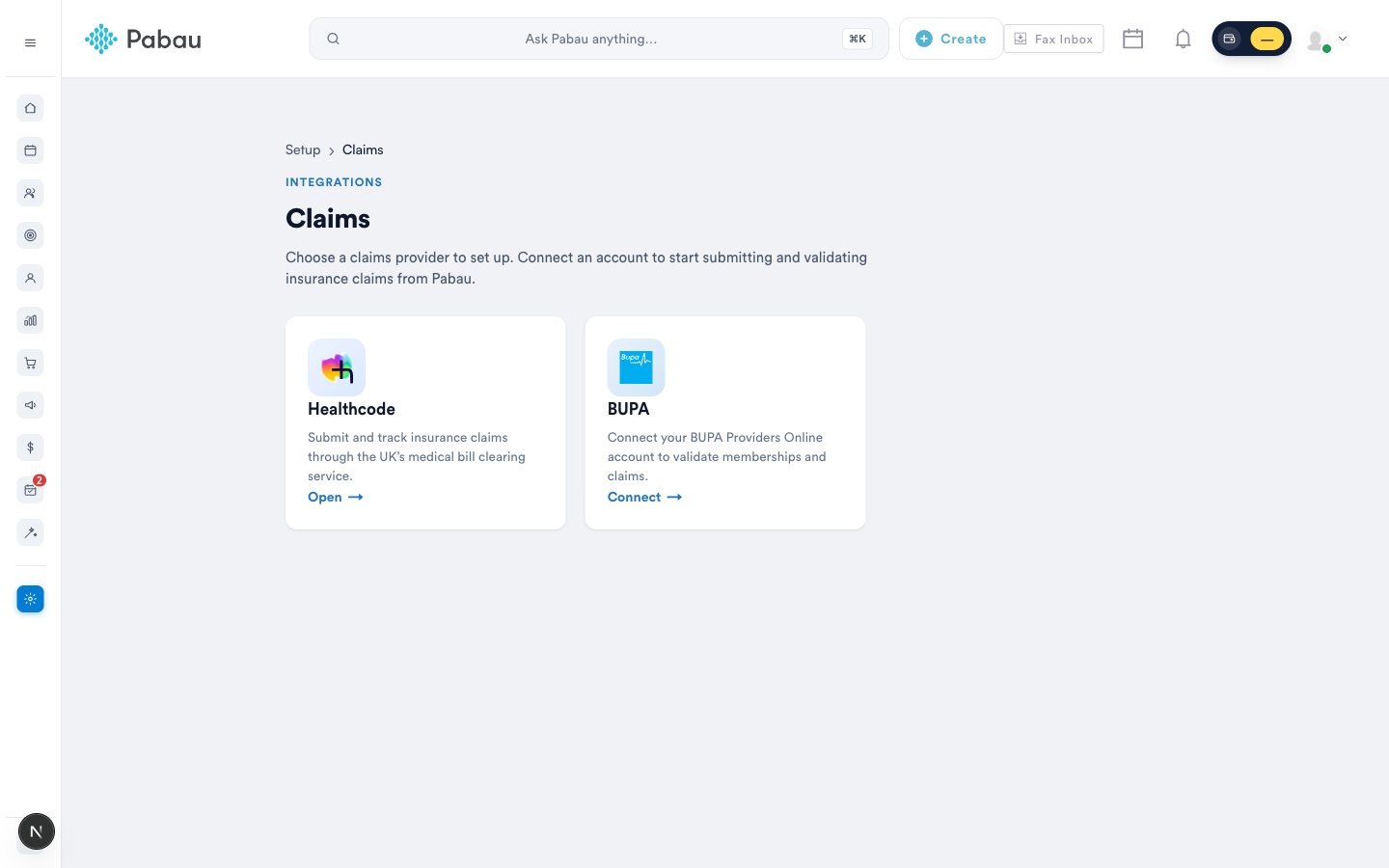 The Claims setup page with the Healthcode and BUPA providers