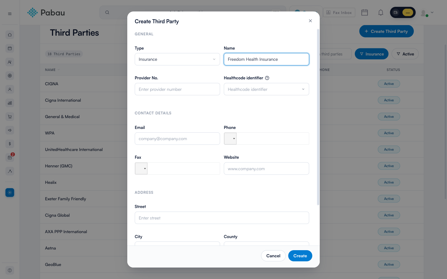 Creating an insurance third party with the Healthcode identifier field