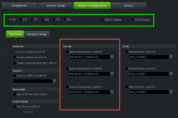 Button Configuration: choose P1 to P6, then the Dicom box