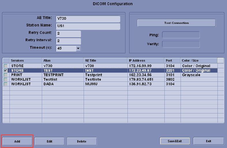 The DICOM Configuration list: press Add
