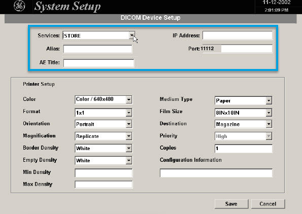 DICOM Device Setup with Services set to STORE