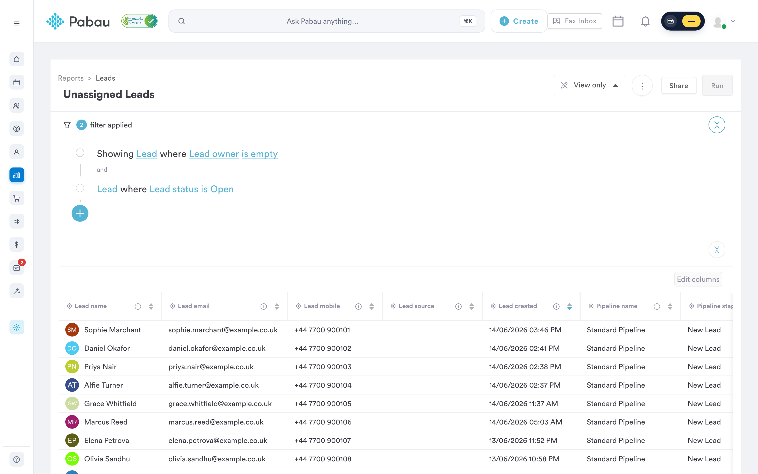 The Unassigned Leads report showing open leads without an owner