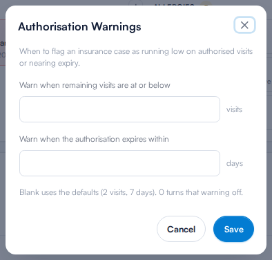 The Authorisation Warnings settings in Pabau, with the visits and days thresholds