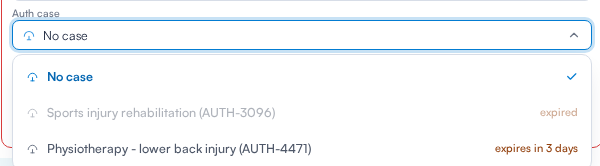 The Auth case picker on a booking, showing an expired case greyed out and a live case expiring in 3 days