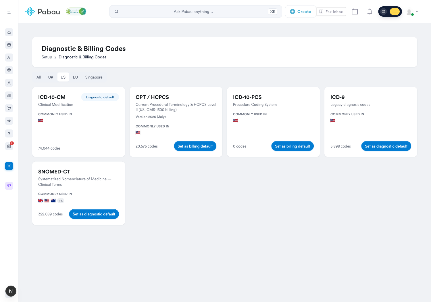 US diagnostic and billing code sets in Pabau