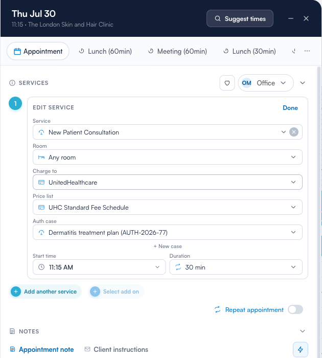 Charging the appointment to the client's insurer at create time — Charge to, Price list and Auth case fields