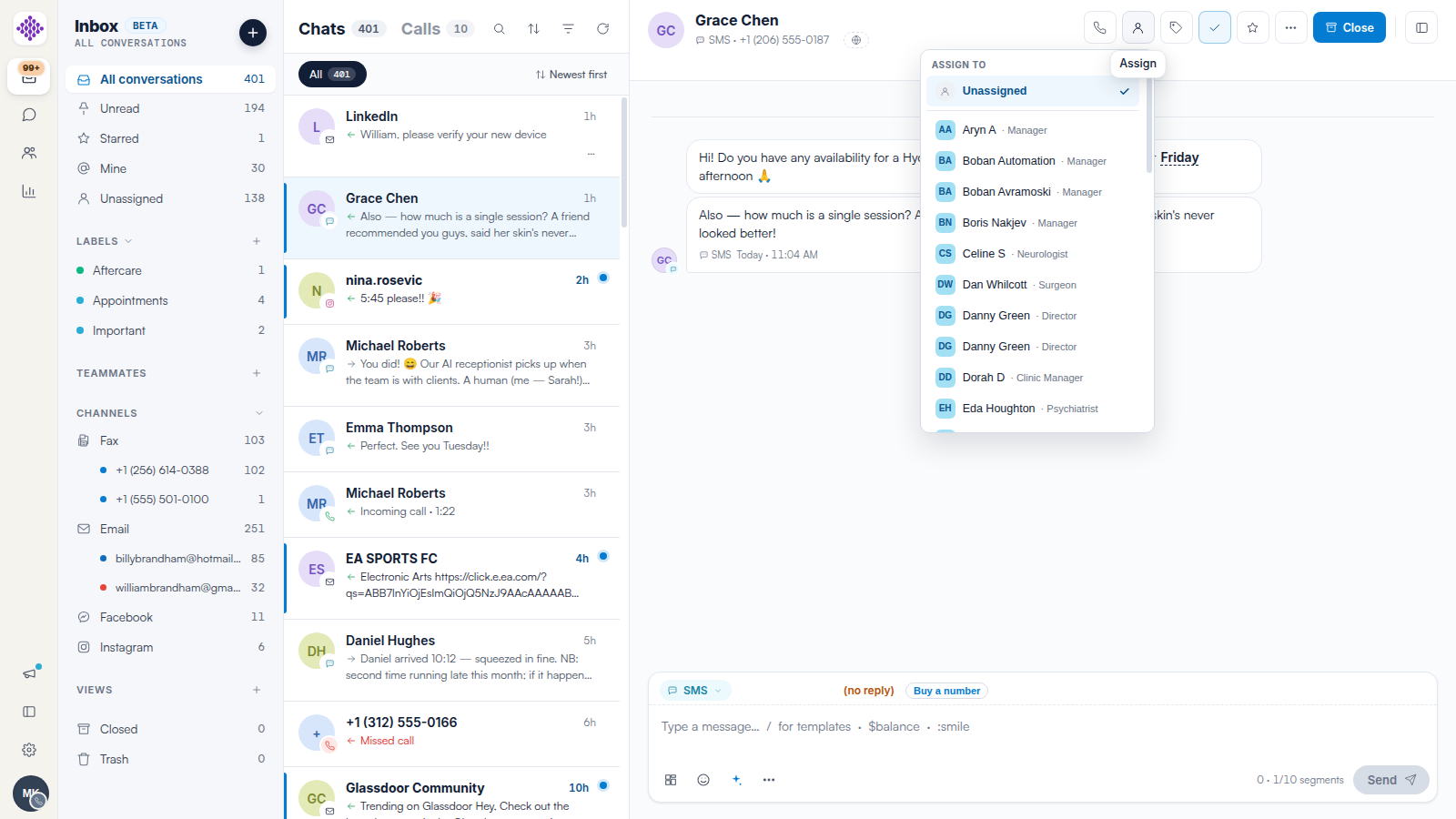 The Assign menu in the Engage conversation header listing team members with their roles and an Unassigned option.