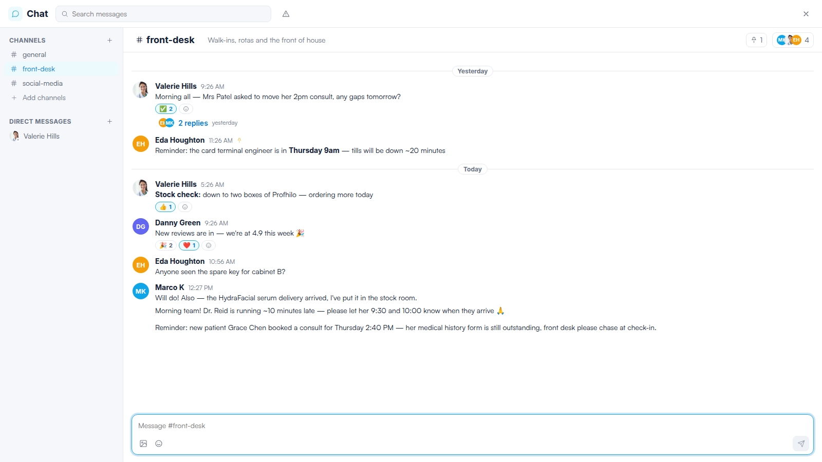 The Engage team chat showing the #front-desk channel with messages, reactions, a thread and the channel topic.