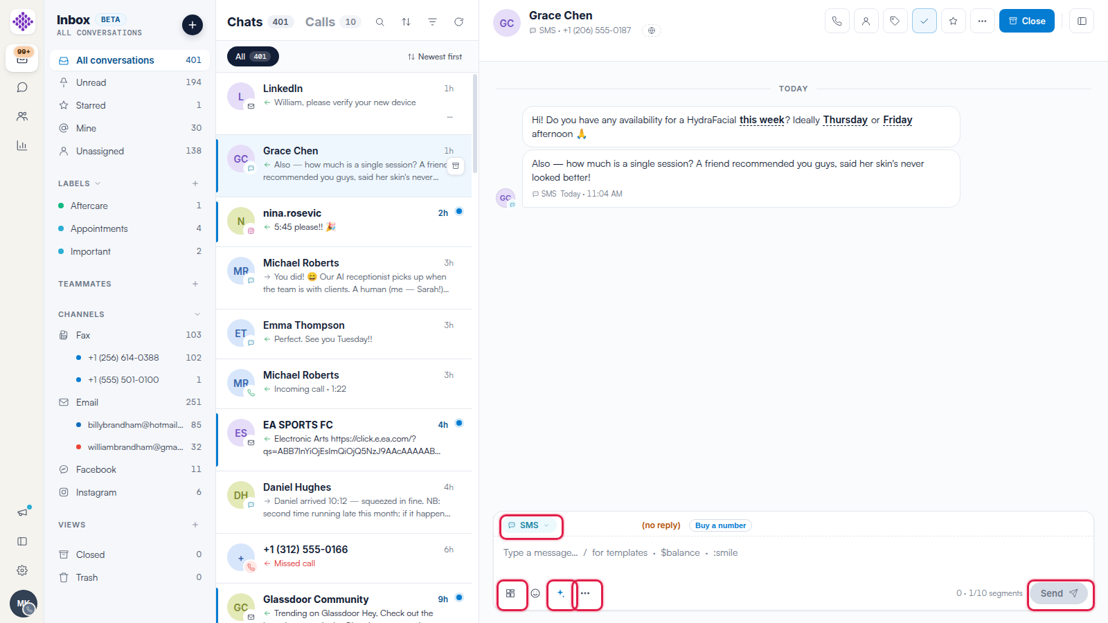 The Engage composer with the segment counter next to the Send button.