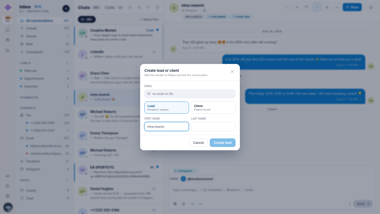 The Create lead or client window in Engage with the sender’s name prefilled, and the choice between Lead and Client.