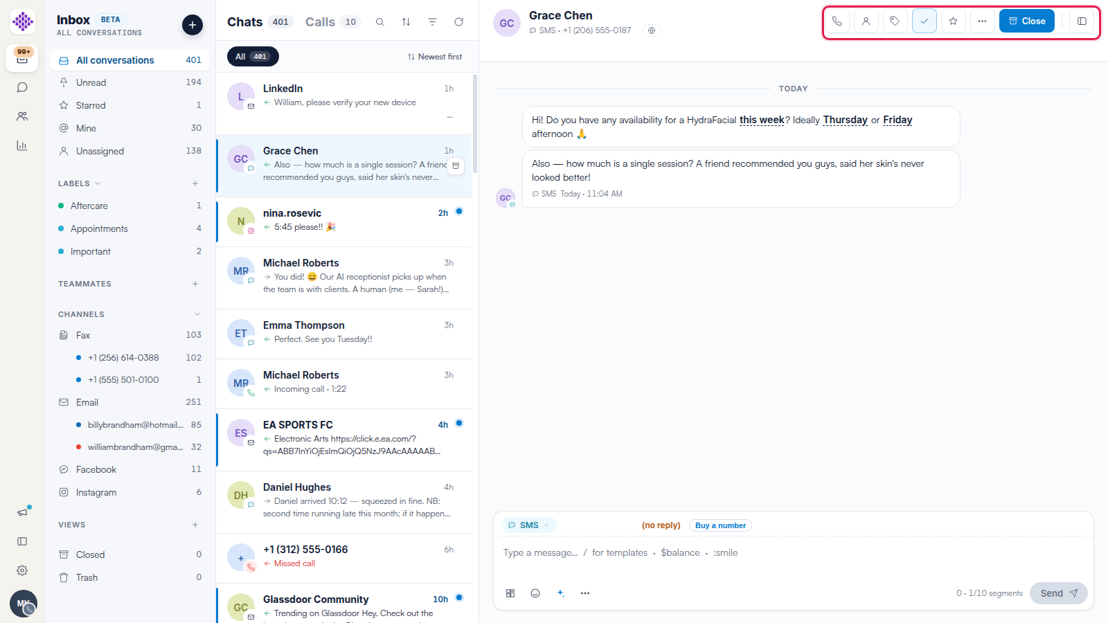 The conversation header with the action cluster highlighted: call, assign, label, mark as unread, star, more, Close and the patient panel toggle.
