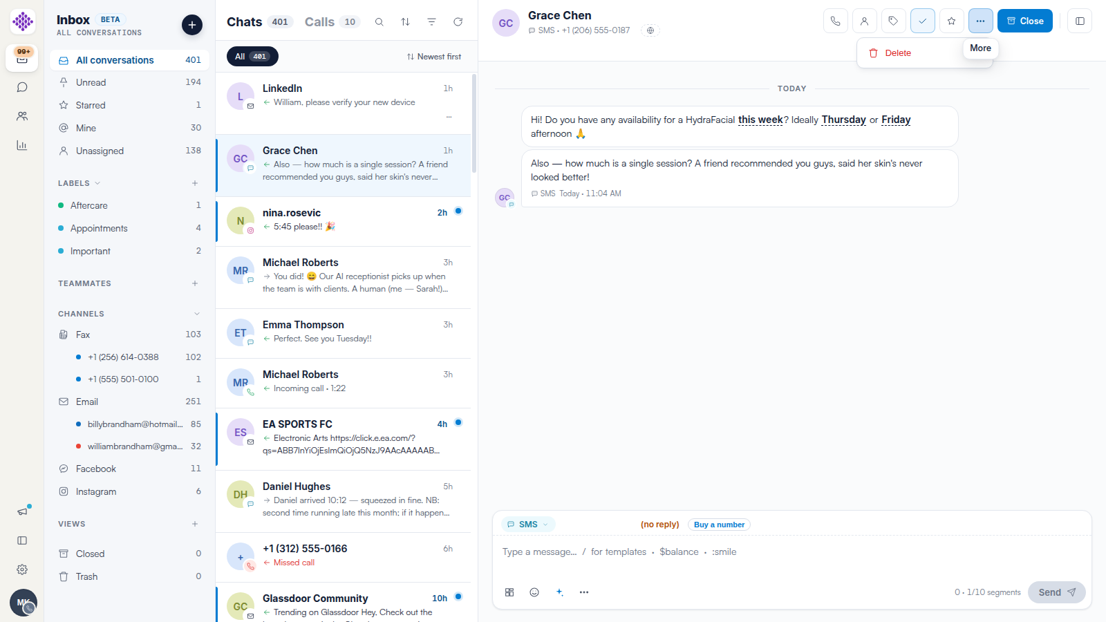 The More menu in the conversation header with the Delete option.