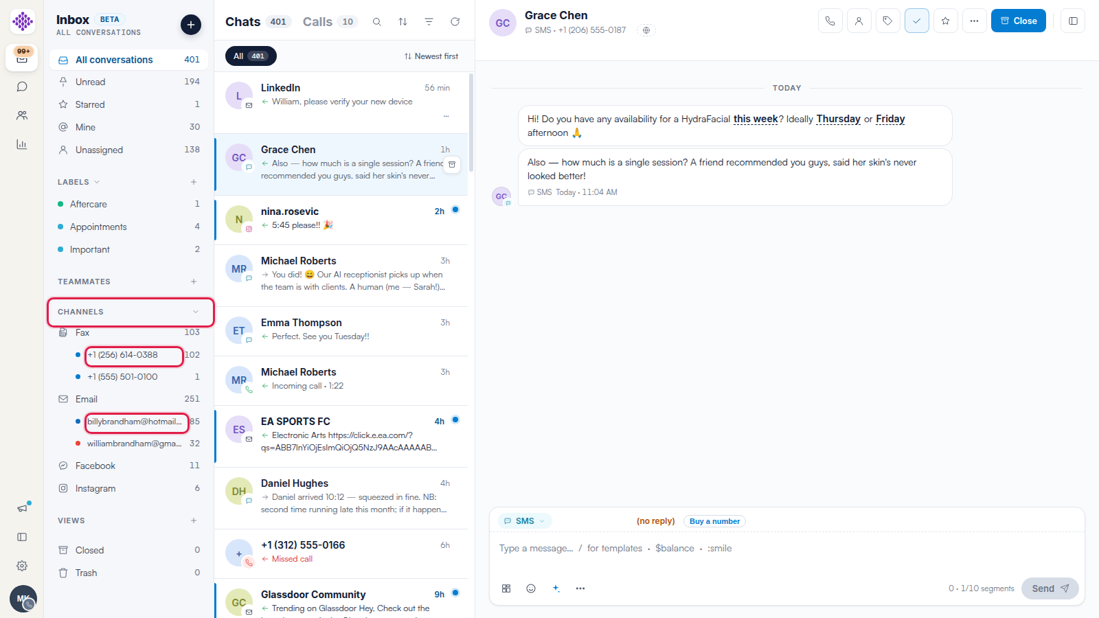 The Channels section of the Engage sidebar with synced mailboxes nested under Email, each with its own count.