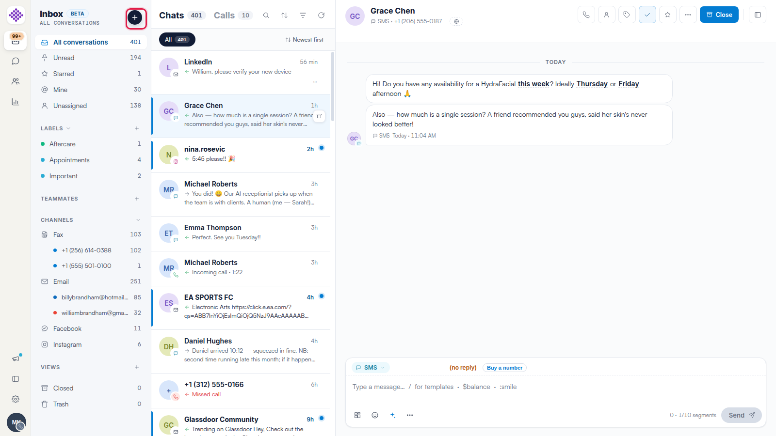 The Engage sidebar with the new-conversation + button highlighted.