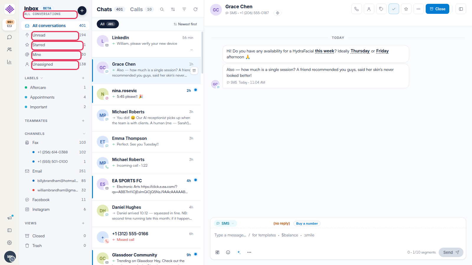 The Engage sidebar filters with Mine and Unassigned highlighted, each showing a count.