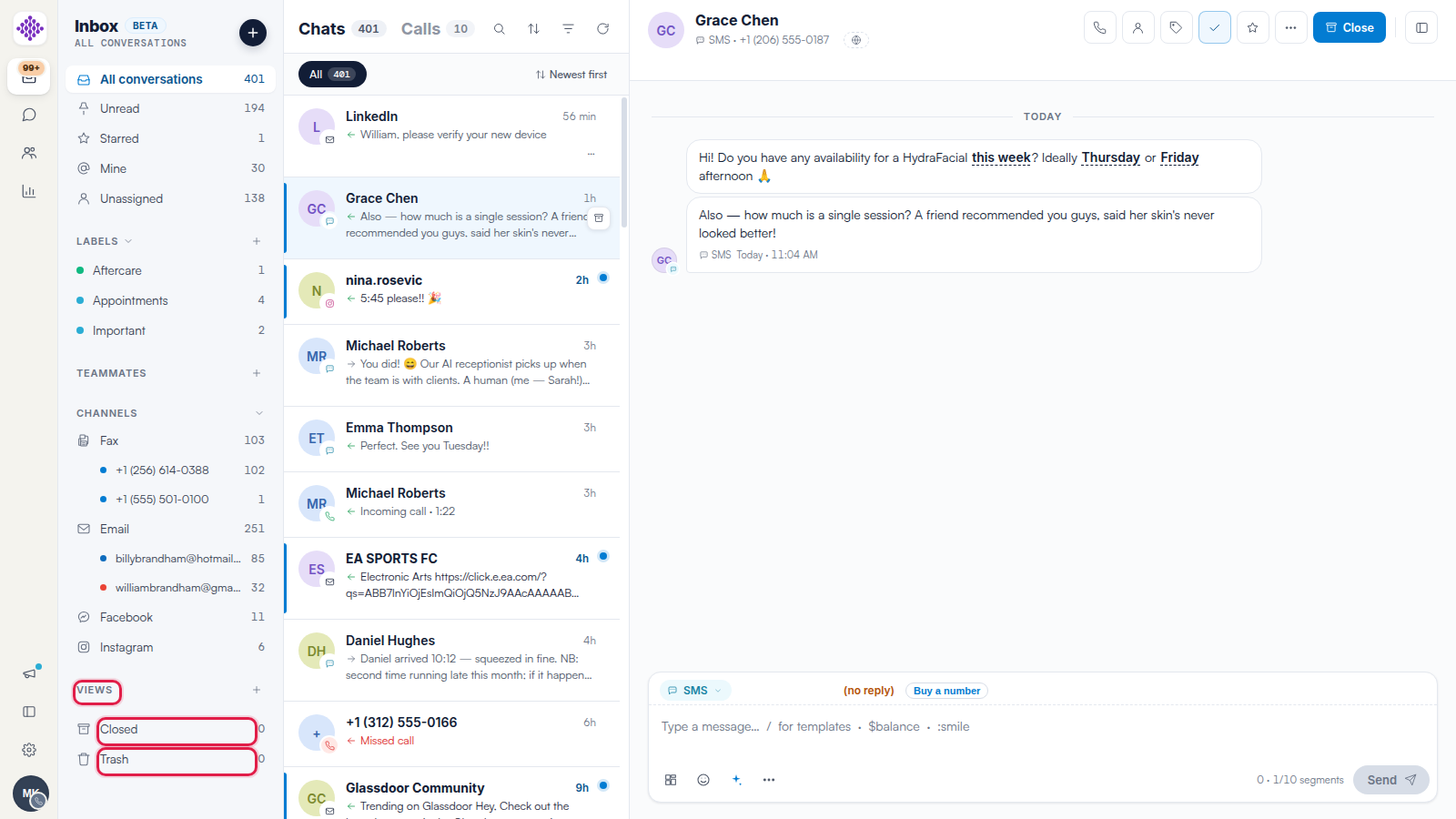 The bottom of the Engage sidebar with the Views section and the Closed and Trash folders highlighted.