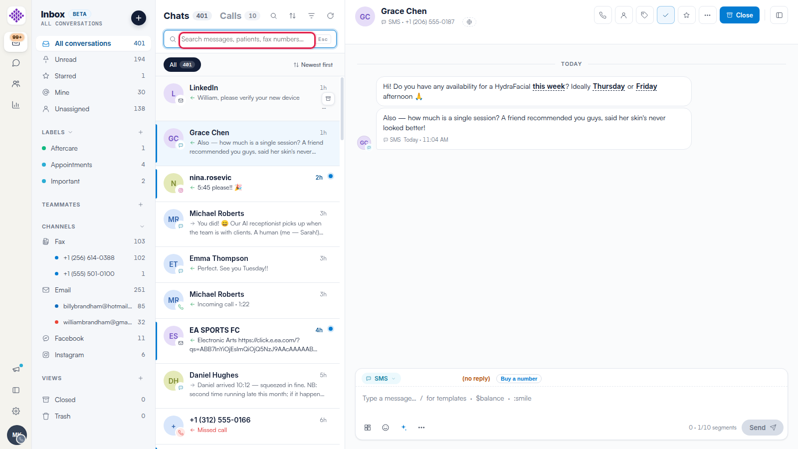 The Engage conversation list with the search bar open, highlighted, showing the placeholder "Search messages, patients, fax numbers…".