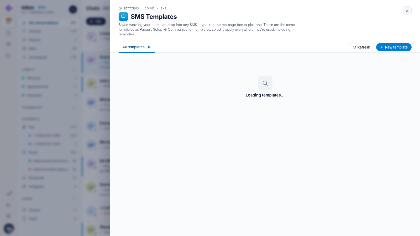 The SMS Templates manager in Engage settings, with the All templates list, Refresh and New template buttons.
