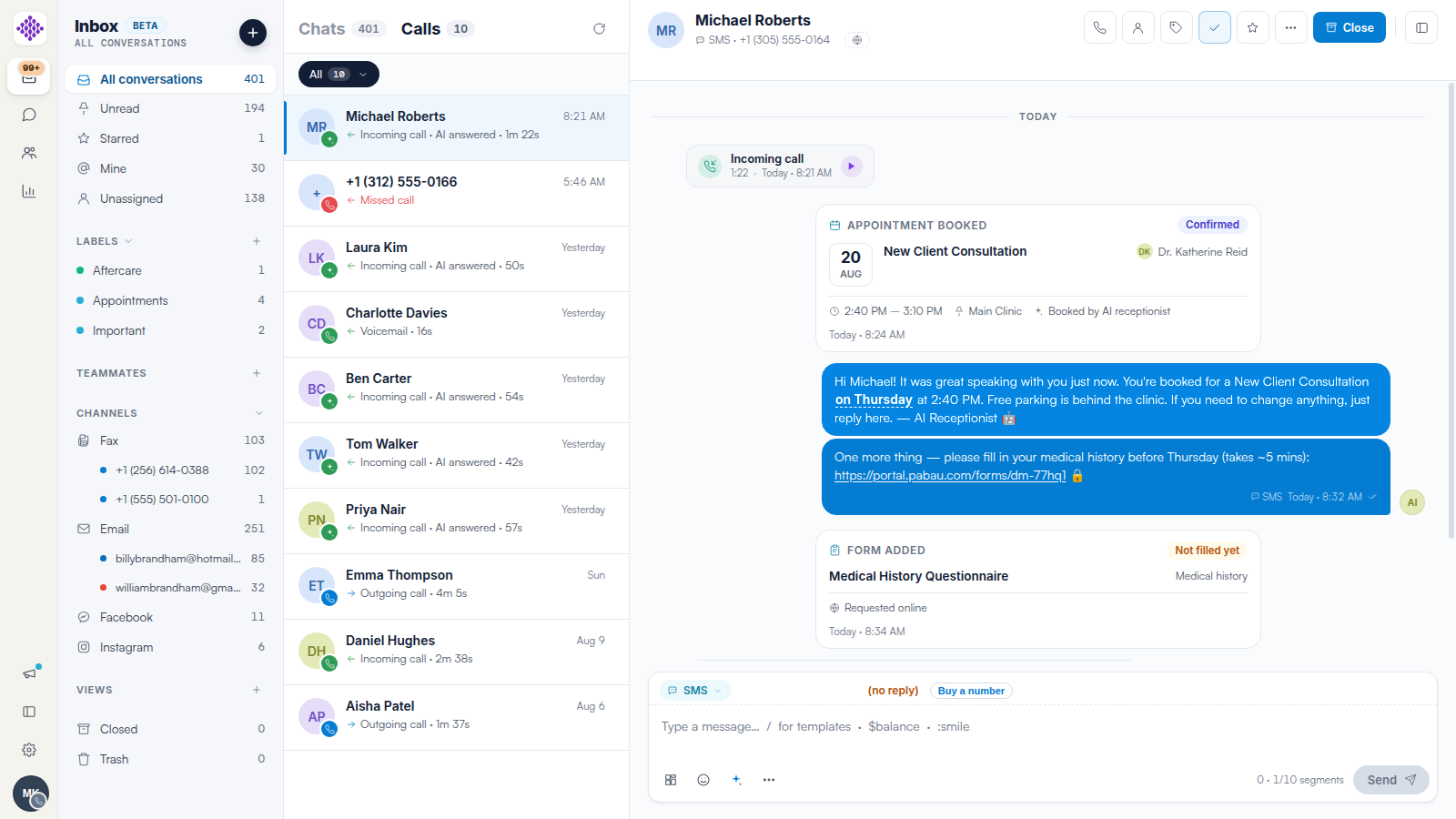 A conversation showing the AI receptionist’s confirmation message with the appointment day as a smart link, above an Appointment Booked card.