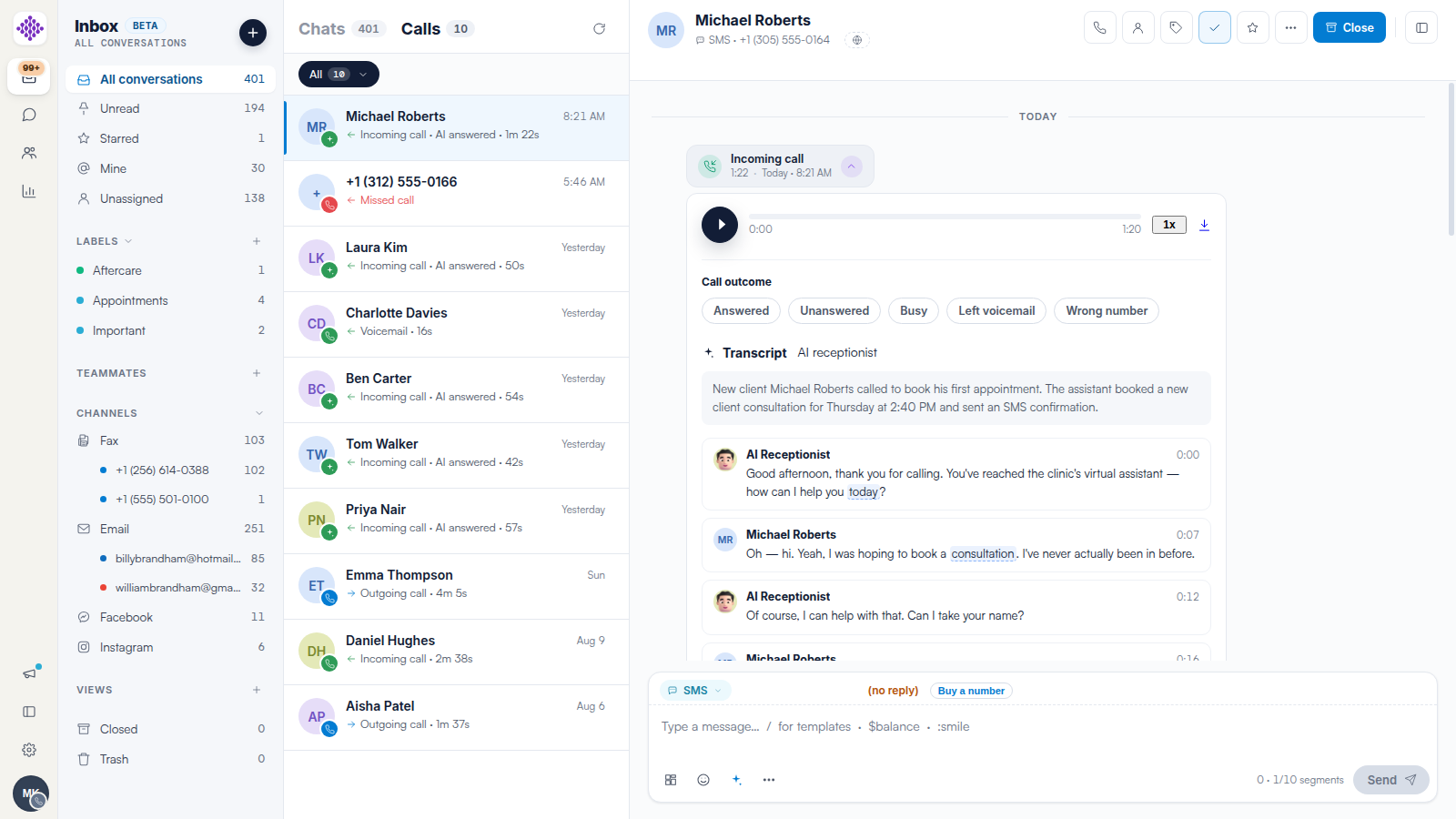 An expanded call in Engage showing the audio player, the call outcome chips and the AI receptionist transcript with a summary.