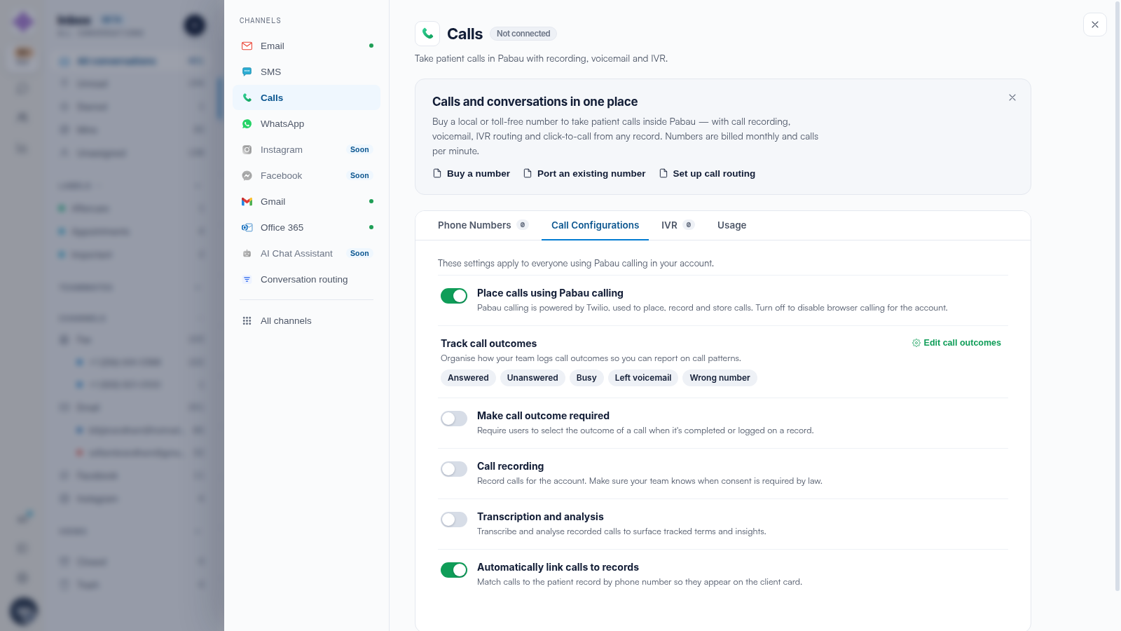 The Call Configurations tab of the Calls channel settings in Engage.