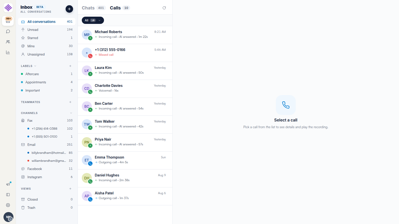 The Calls tab in Engage listing calls with outcomes: AI answered incoming calls, a missed call, voicemail and outgoing calls with durations.