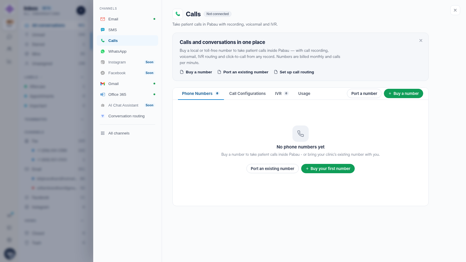 The Calls channel settings with the Phone Numbers, Call Configurations, IVR and Usage tabs.
