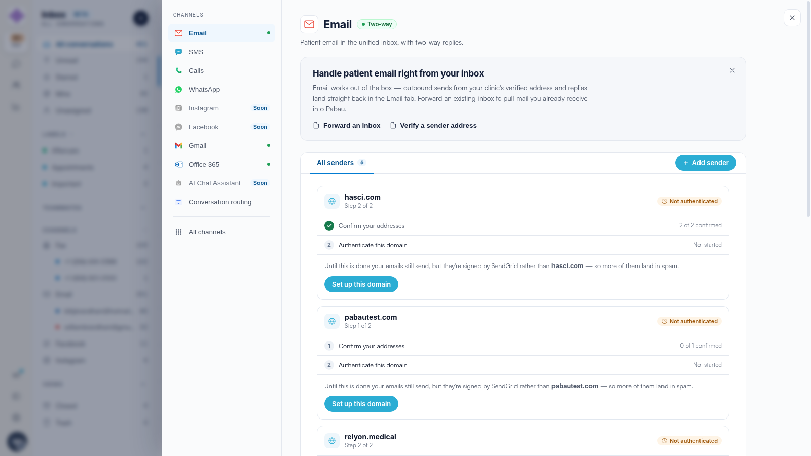 The Email channel settings in Engage showing the senders list with per-domain verification status.