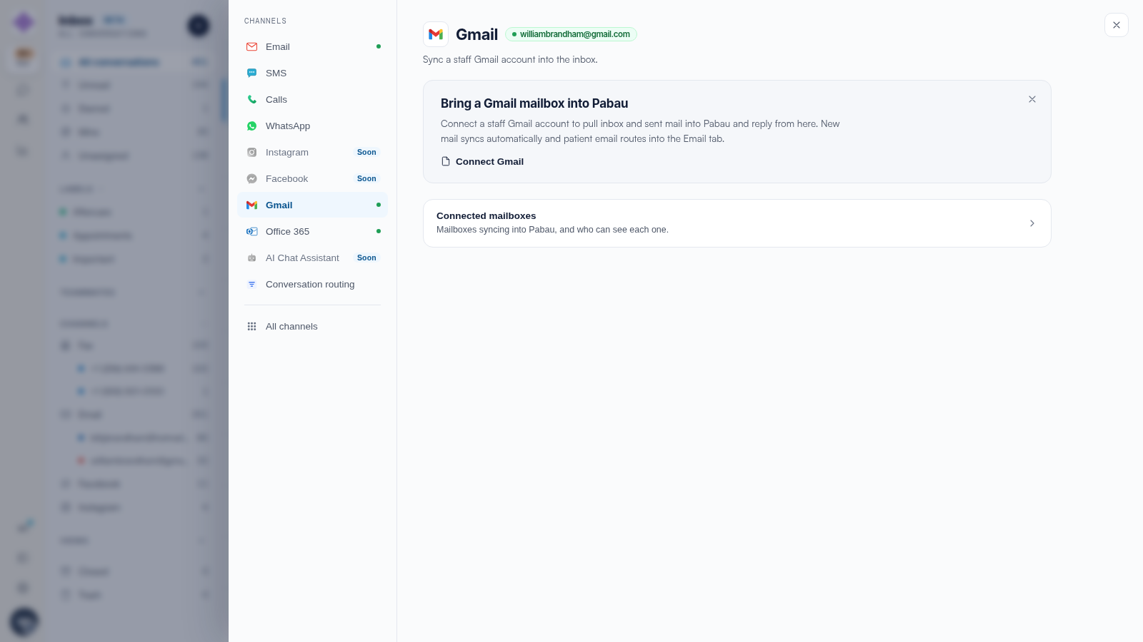 The Gmail channel settings in Engage with its connection status.