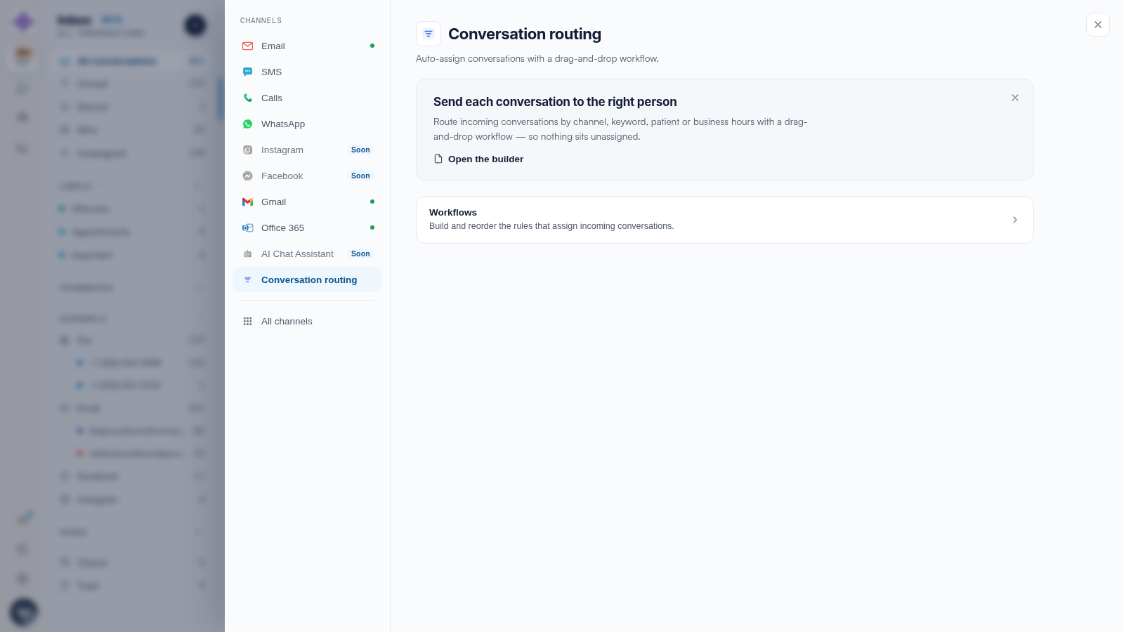 The Conversation routing panel in Engage settings with the Open the builder link and the Workflows section.