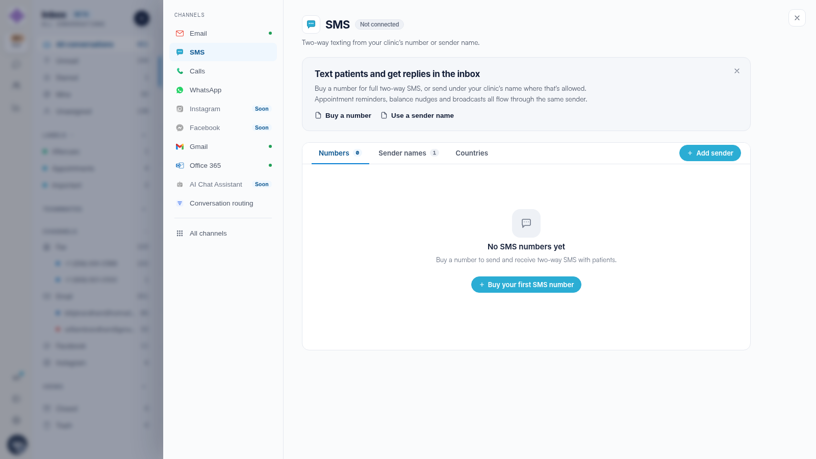 The SMS channel settings in Engage with the Numbers, Sender names and Countries tabs and the Buy your first SMS number button.