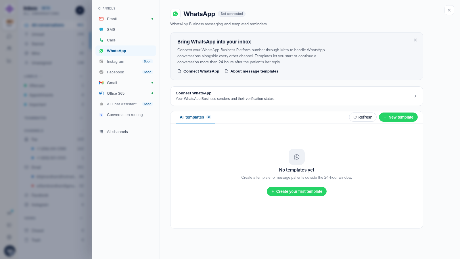 The WhatsApp channel settings showing the connection status and senders section.
