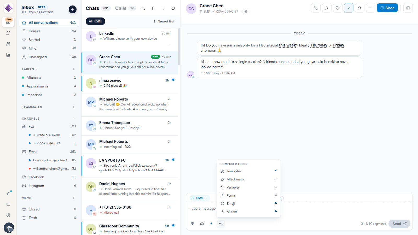 The composer tools menu in Engage with pinnable tools: Templates, Attachments, Variables, Forms, Emoji and AI draft.