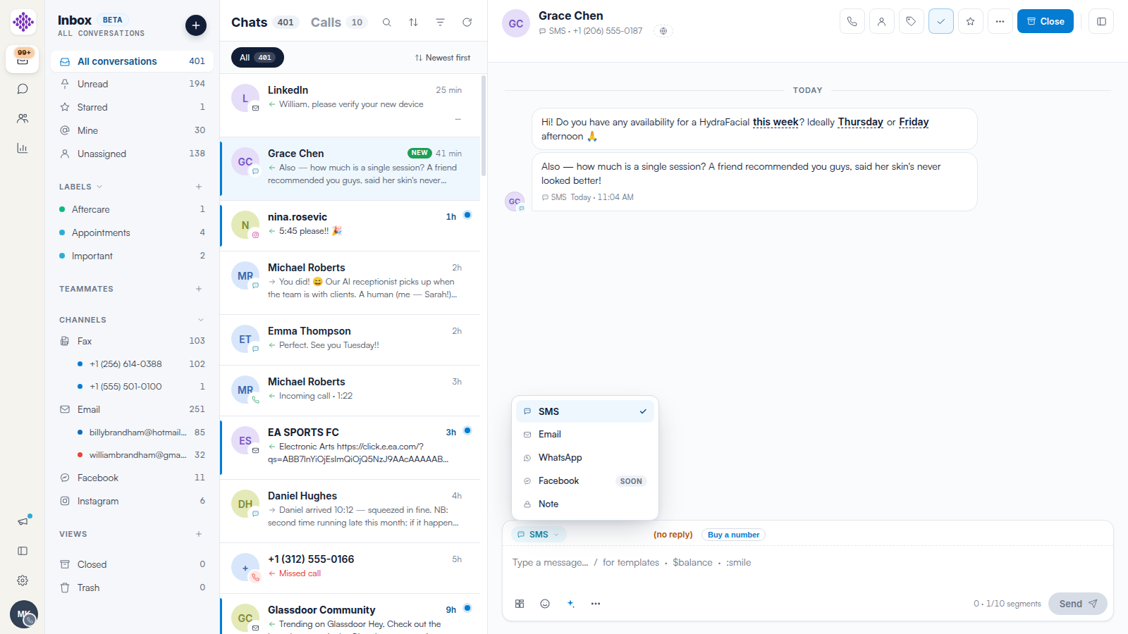 The Engage composer channel switcher with WhatsApp among the reply channels.