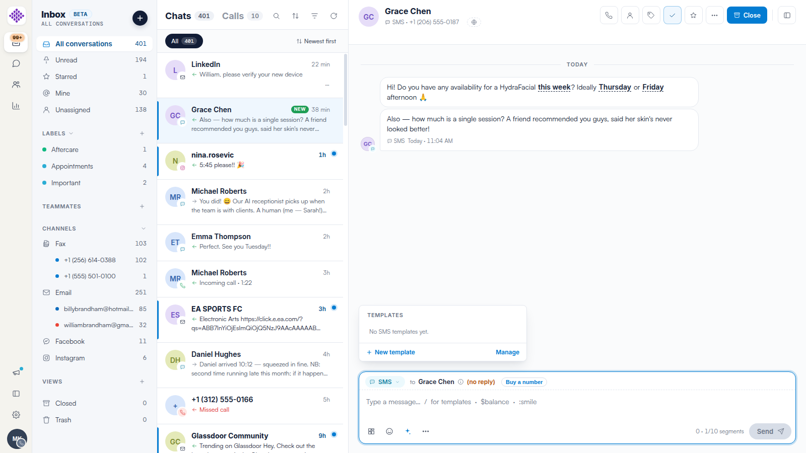 The template picker open above the Engage composer on an SMS conversation.