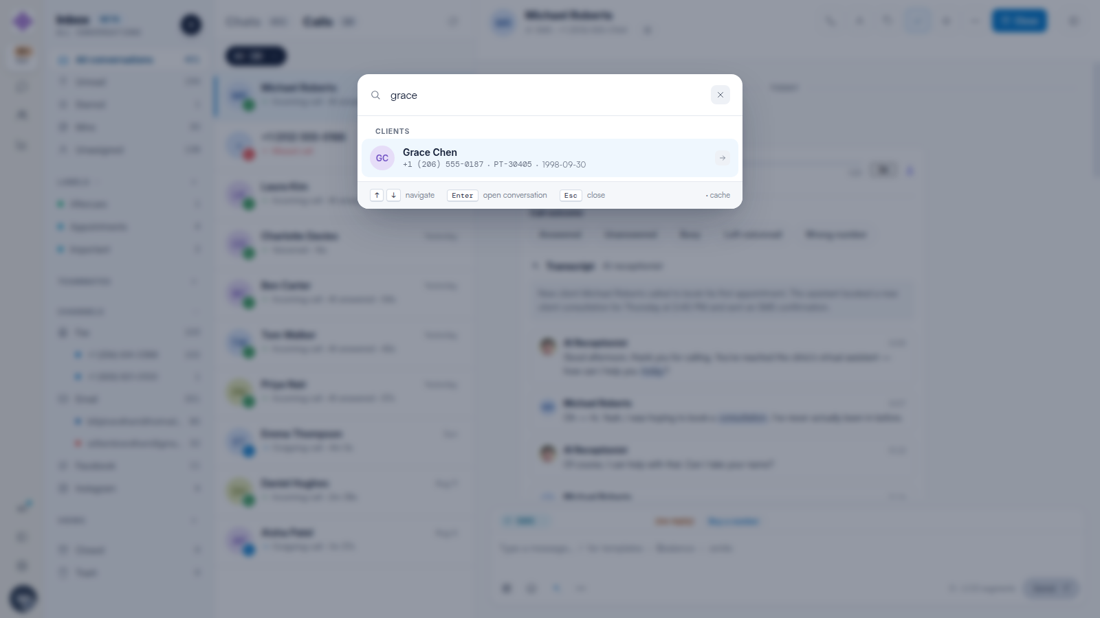 The Engage client search showing a matching client with phone number, patient ID and date of birth.
