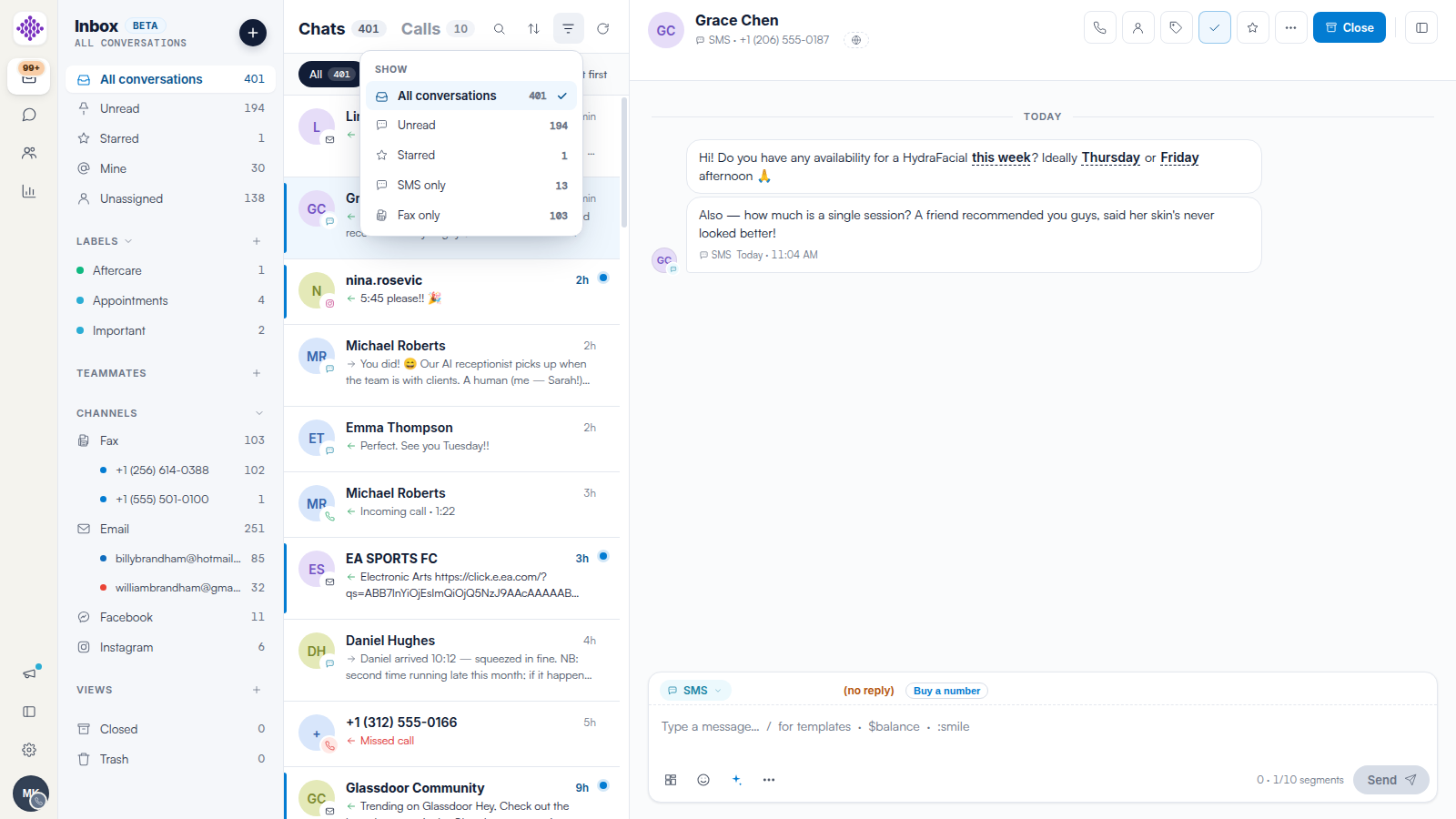The filter menu above the conversation list with All conversations, Unread, Starred, SMS only and Fax only options and counts.