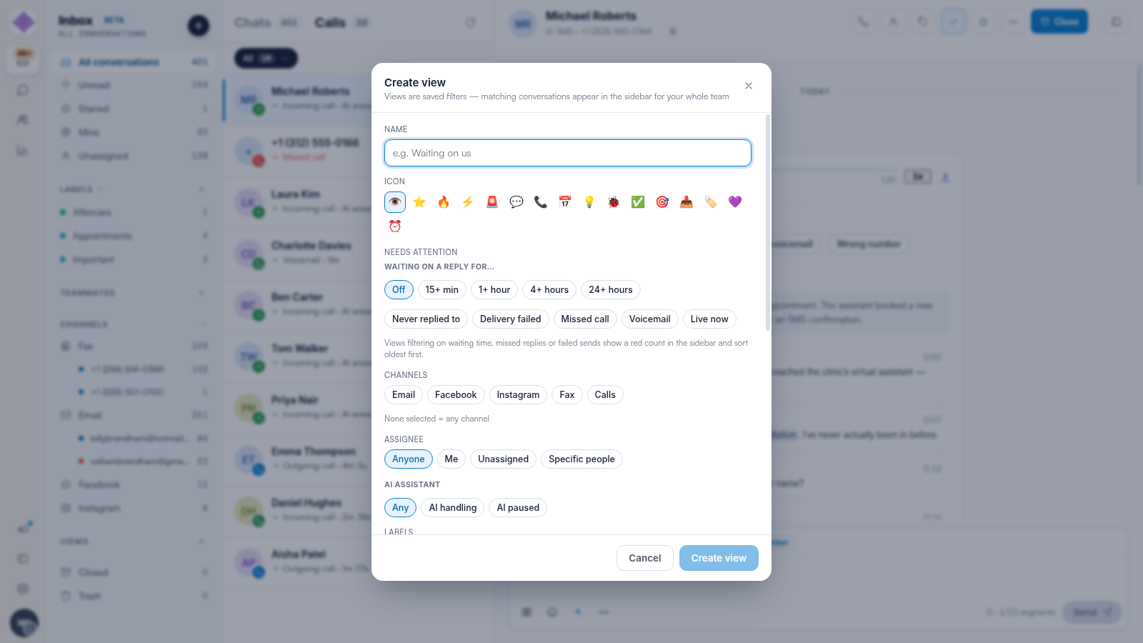 The Create view window in Engage with name, icon, needs-attention, channels, assignee and AI assistant options.