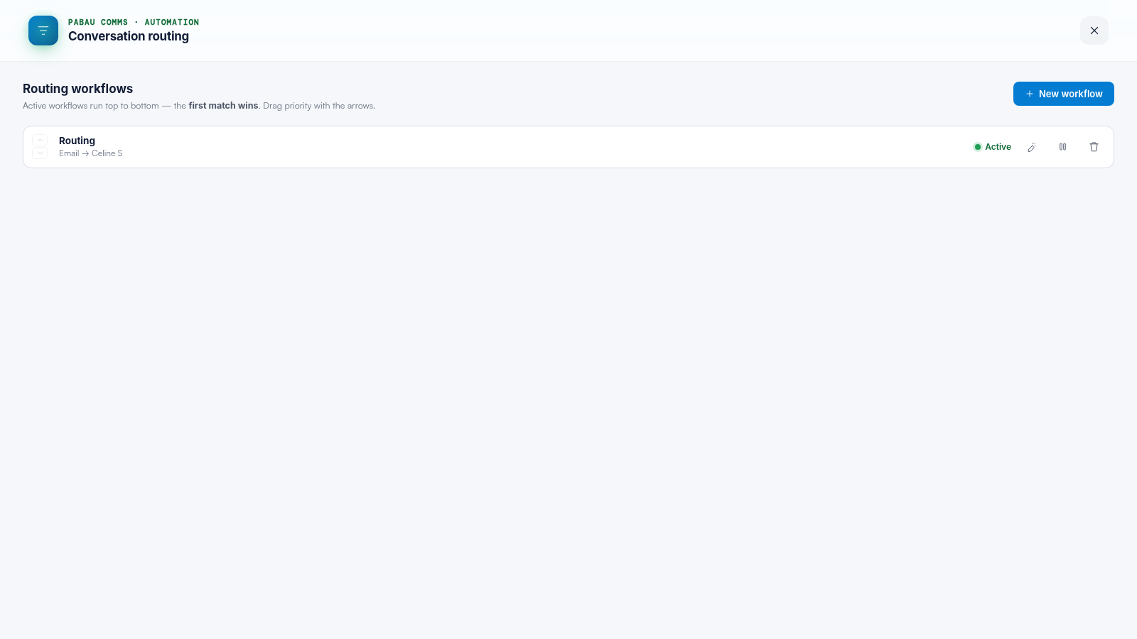 The routing workflows list in Engage showing an active workflow with its priority arrows, status and edit controls.