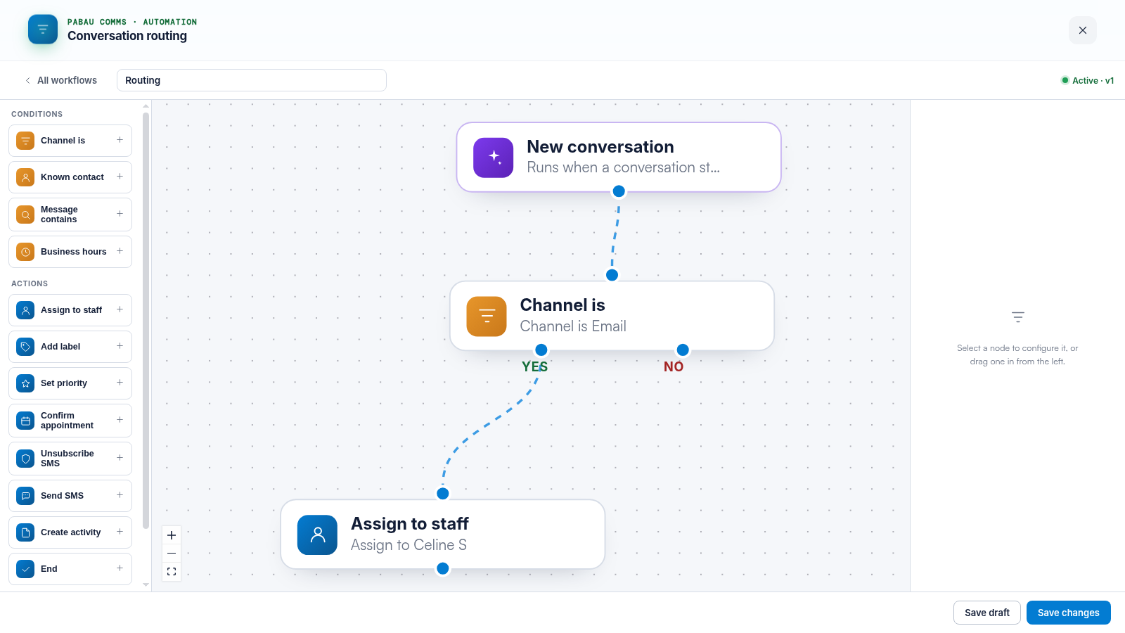 A routing workflow in Engage assigning email conversations to a teammate via a Channel is condition.