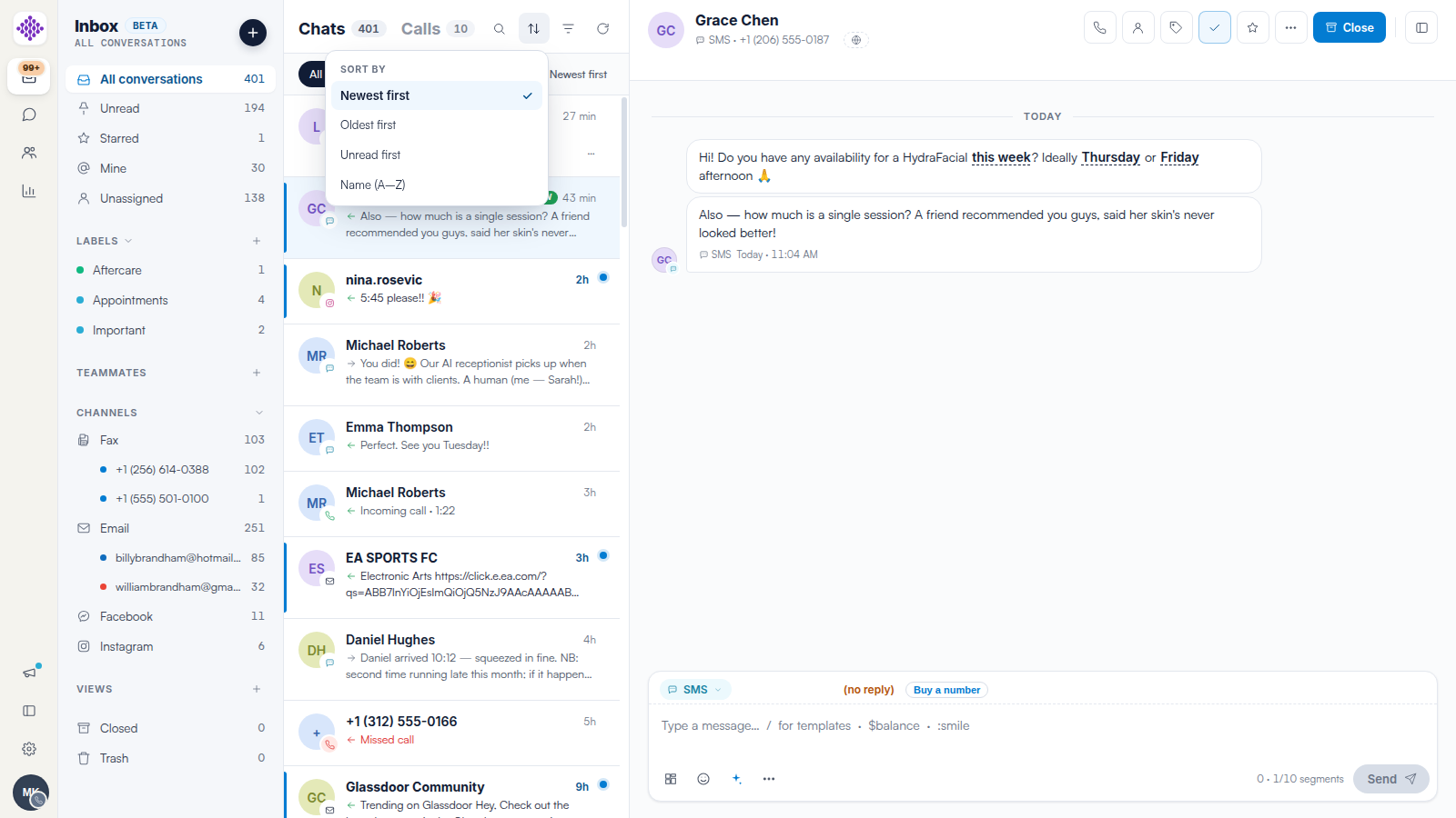 The sort menu above the Engage conversation list with Newest first, Oldest first, Unread first and Name options.
