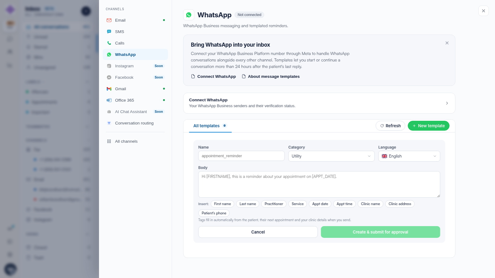 The WhatsApp template editor in Engage with name, category, language, the body field and the insert tags.