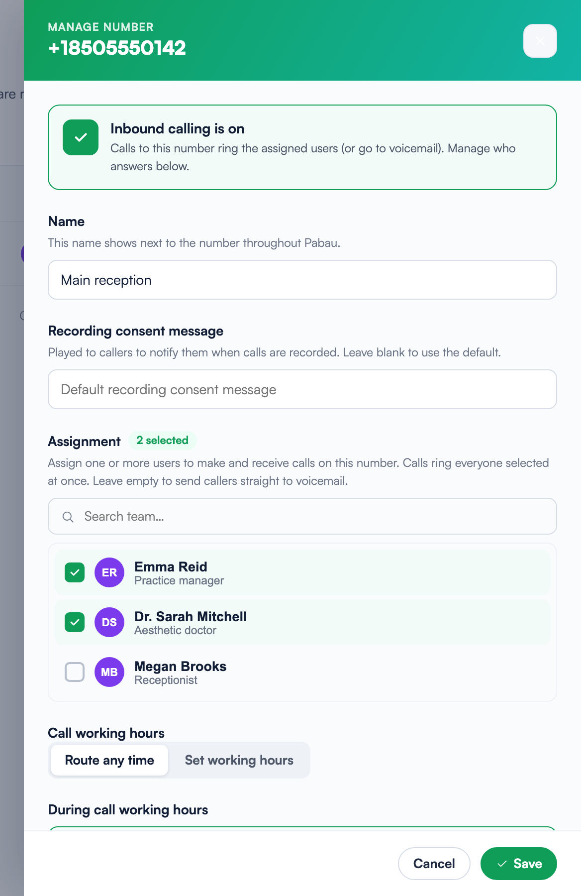 The Manage number panel with Inbound calling is on, and the Assignment section showing 2 selected — two team members ticked and one unticked