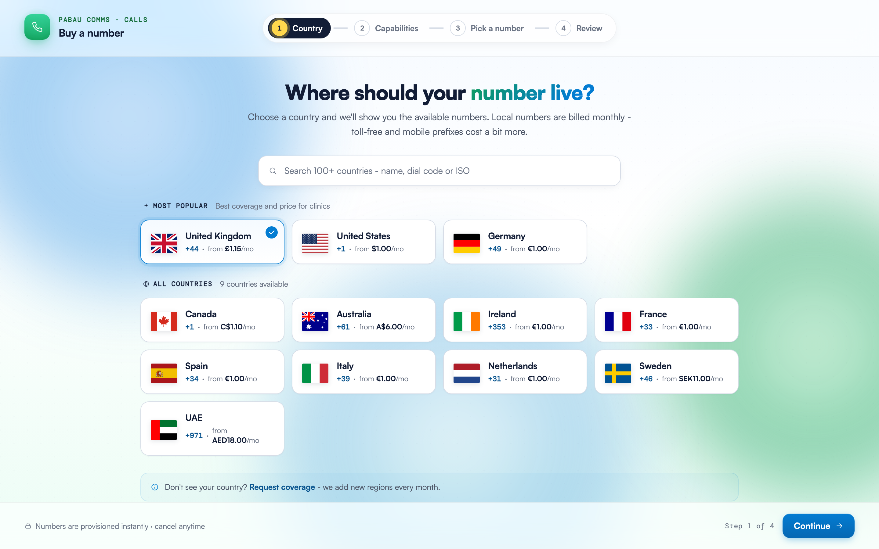 The Buy a number wizard on the Country step, showing the country search, the Most popular tiles with United Kingdom selected, and the All countries grid with per-country starting prices